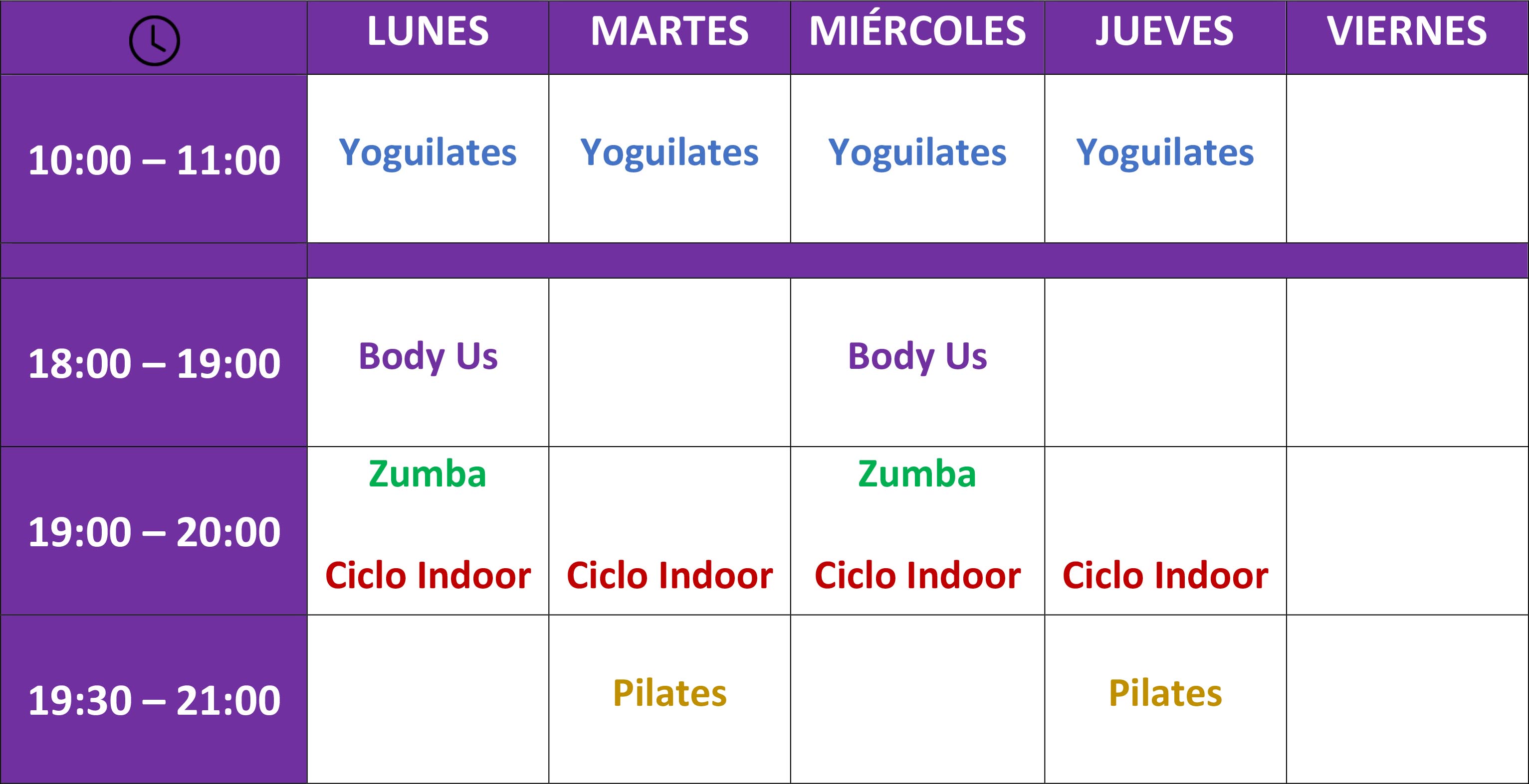 Horarios clases colectivas US Fitness